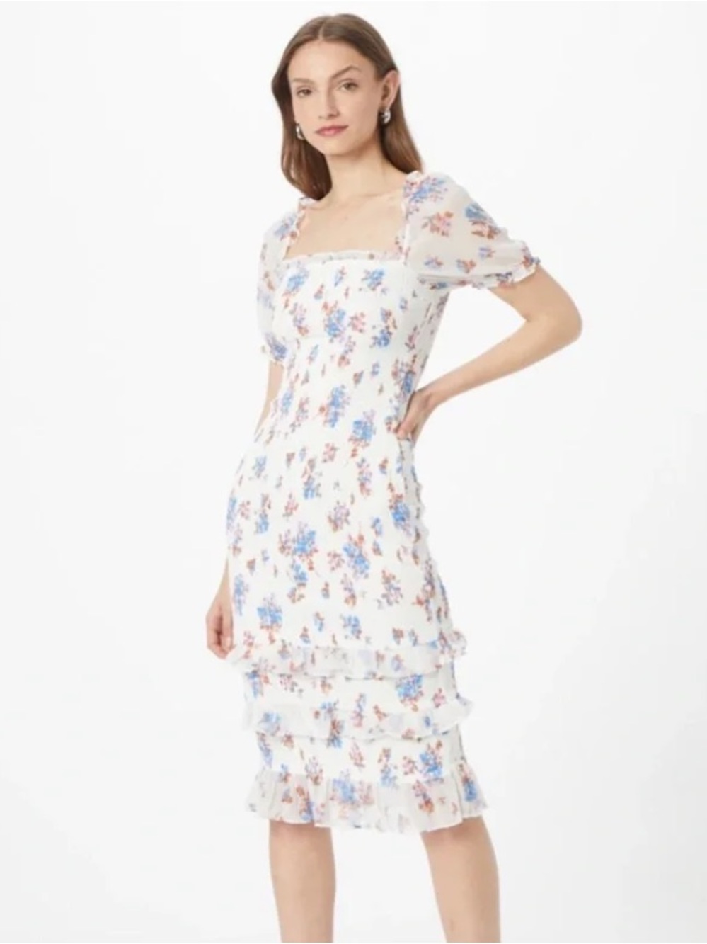 Abercrombie & Fitch Smocked Puff Sleeve Floral Midi Dress TALL